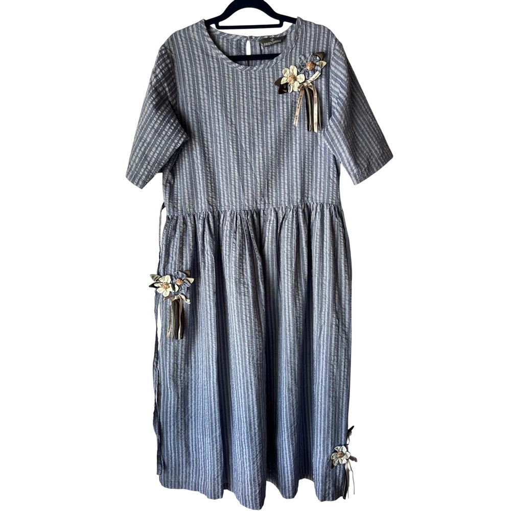 Roberta Gandolfi Blue Striped Floral Applique Midi Dress Short Sleeve‎ back Tie
